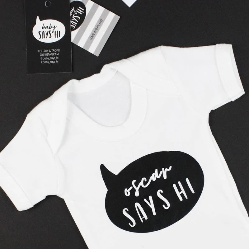 Baby Says Hi Slogan Personalise T-shirt - White - Image 2