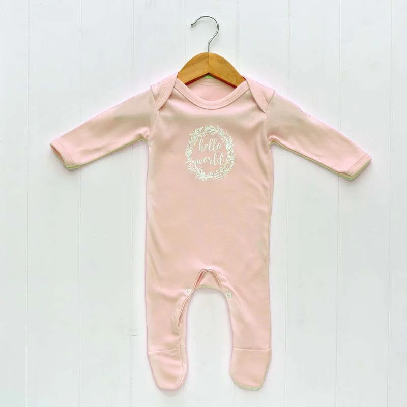 Newborn Baby Girls Sleepsuit, Blush Pink, 'Hello World' Print